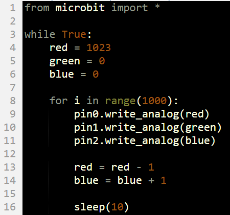 microbit red to blue gradient python code