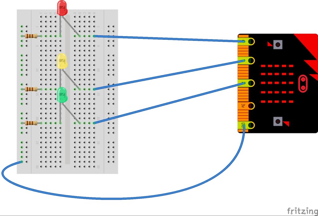 Wiring up 3 leds to the Microbit using a breadboard